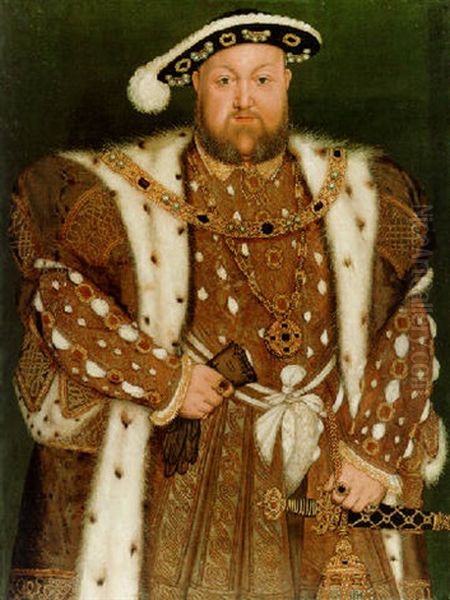 Portrait Of King Henry Viii In An Ermine-lined Brocaded Cloak, Holding A Pair Of Gloves In His Right Hand. Oil Painting by Hans Holbein the Younger