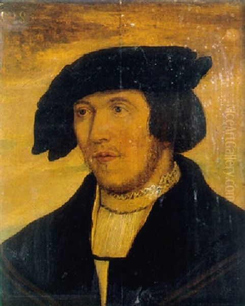 Portrait Of A Young Bearded Man, Wearing A Black Coat With Lace Chemise And Black Hat Oil Painting by Hans Holbein the Younger