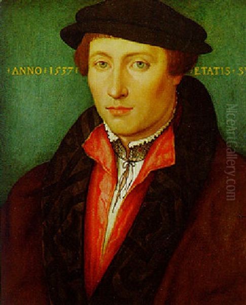 Portrait Of A Gentleman, Wearing A White Shirt, A Red Jerkin And A Full-lined Brown Coat Oil Painting by Hans Holbein the Younger