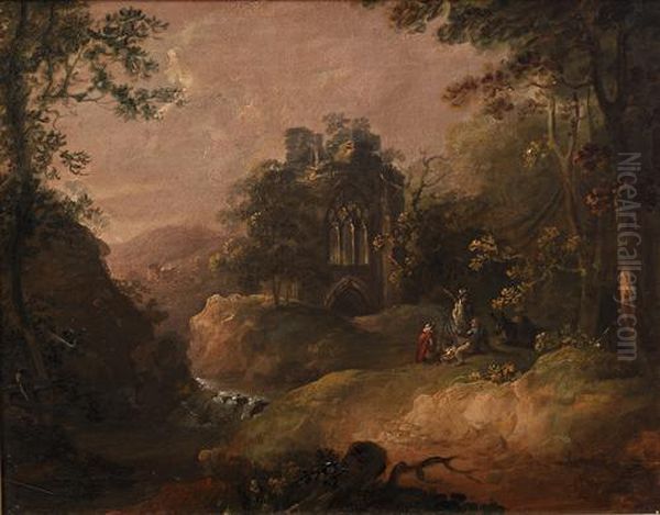 Wooded Landscape With Ruins And Figures And Donkey At A Camp Fire Oil Painting by Thomas Barker of Bath