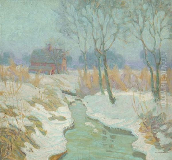 Winter Stream With Red Barn Oil Painting by Richard A. Holberg