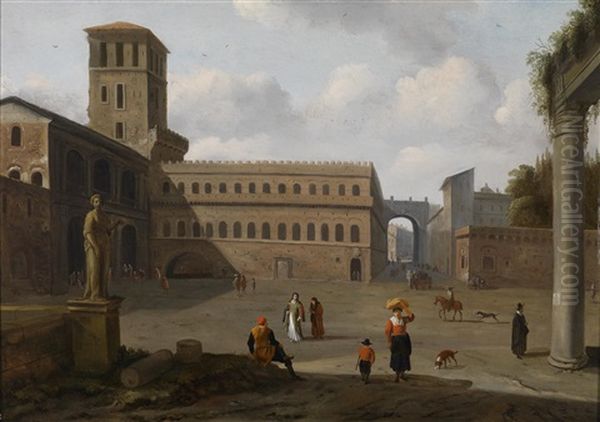 Ansicht Eines Romischen Palastes Mit Ruinen Im Vordergrund Und Figurenstaffage Oil Painting by Jan Cornelisz Holblock