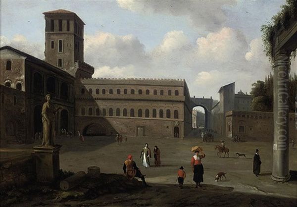 A Medieval Town Square With Figures Beside Roman Ruins Oil Painting by Jan Cornelisz Holblock