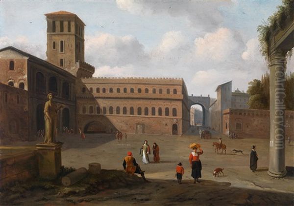 Ansicht Eines Romischen Palastes Mit Ruinen Und Figurenstaffage Im Vordergrund Oil Painting by Jan Cornelisz Holblock