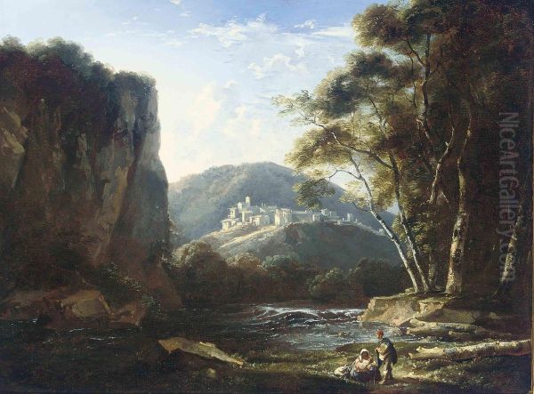 A Wooded River Landscape With Figures Resting On A Path, A Citybeyond Oil Painting by Thomas Barker of Bath