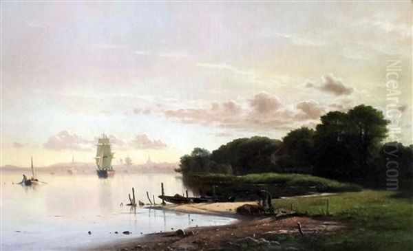 View Of Copenhagen From An Estuary With Sailing Boats And Small Fishing Vessels To Foreground Oil Painting by Jacob Julius Holck