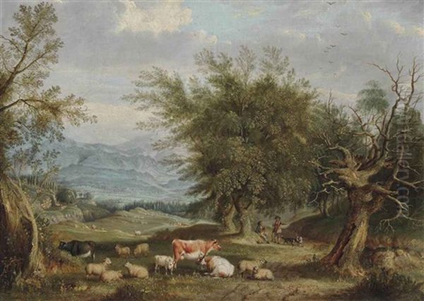 Cattle And Sheep In A Landscape Oil Painting by Abel Hold