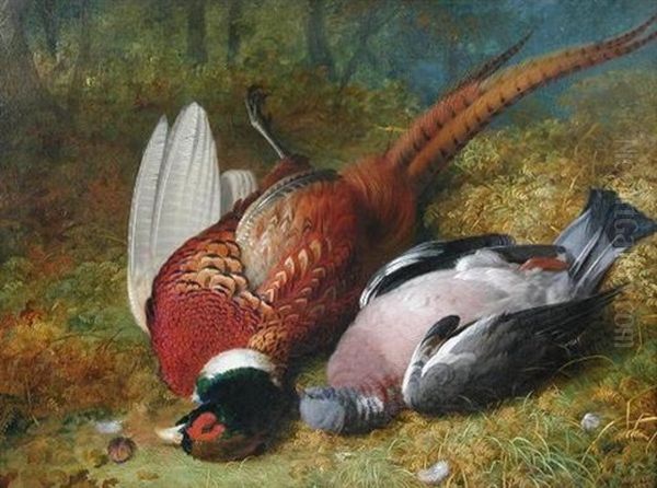 A Still Life Of A Dead Pheasant And A Wood Pigeon Oil Painting by Abel Hold