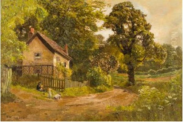 Children By A Cottage In A Summer Landscape Oil Painting by Edward Henry Holder