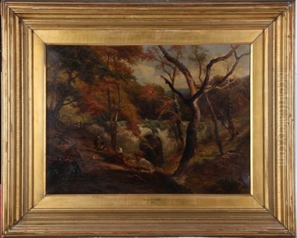 Forest Scene With Arched Bridge And Four Figures Oil Painting by Edward Henry Holder