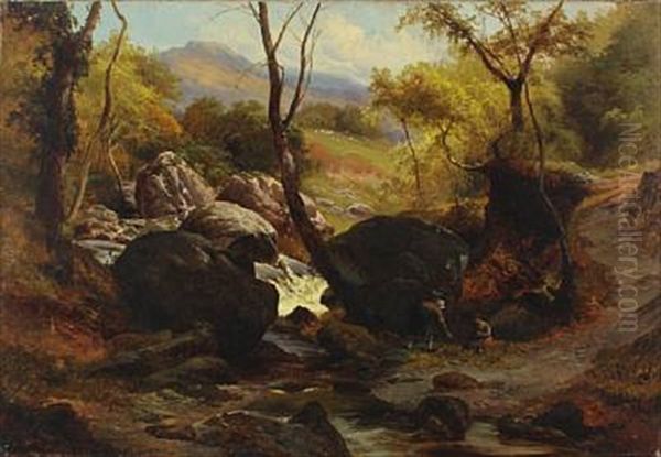 Wood Collectors By A Stream Oil Painting by Edward Henry Holder