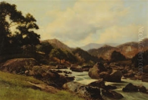 An Extensive Upland Rocky River Landscape Oil Painting by Edward Henry Holder