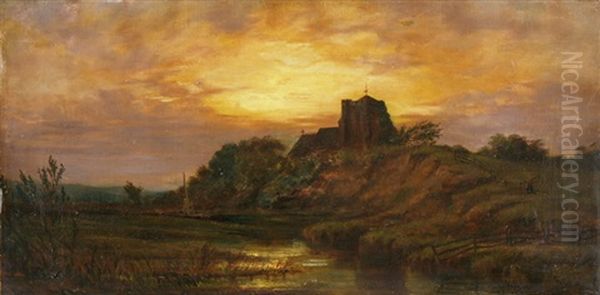 Flusslandschaft Mit Kirche Auf Einem Hugel In Der Abenddammerung Oil Painting by Edward Henry Holder