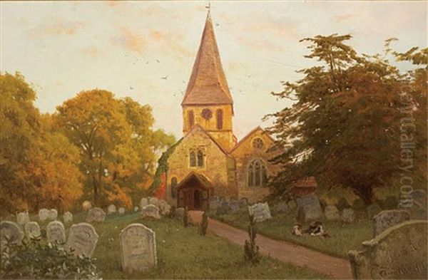 Sun-filled Church Cemetery Landscape Oil Painting by Edward Henry Holder