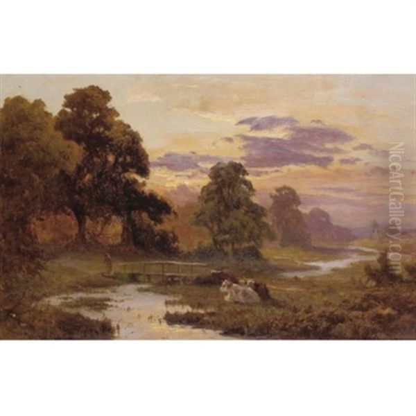 Cattle Grazing At Sunset (+ Fishing On The River, Oil On Canvas; 2 Works) Oil Painting by Edward Henry Holder