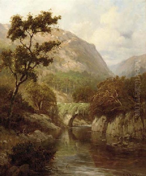 Anglers In A Mountainous River Landscape Oil Painting by Edward Henry Holder