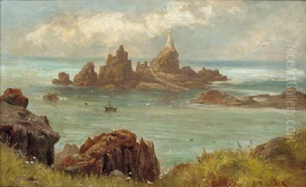 A Boat By A Rocky Coastline With A Lighthouse Beyond Oil Painting by Edward Henry Holder