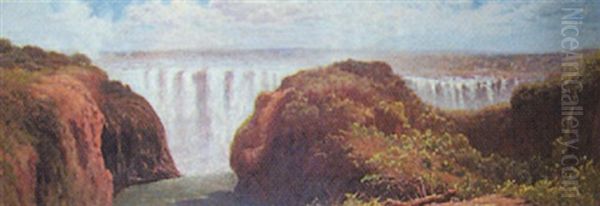 Extensive Landscape With Waterfall (victoria Falls?) Oil Painting by Edward Henry Holder