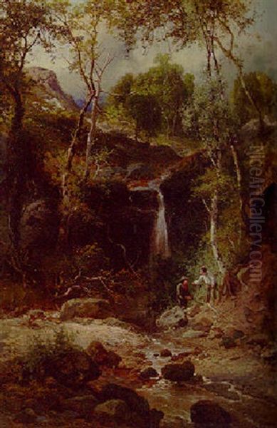 Figures By A Waterfall In A Wooded Landscape Oil Painting by Edward Henry Holder