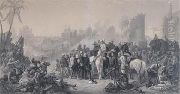 The Relief Of Lucknow And Triumphant Meeting Of The Havelock, Outram, & Sir Colin Campbell Oil Painting by Thomas Jones Barker