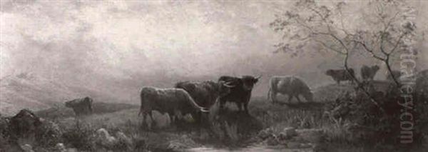 Cattle Grazing On A Hillside At Sunset Oil Painting by Edward Henry Holder