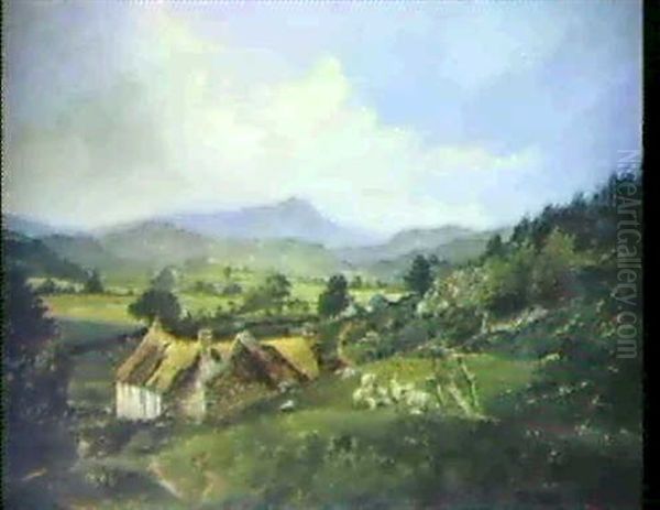 Weite Englische Hugellandschaft Mit Bauernhof Und Schafen Oil Painting by Edward Henry Holder