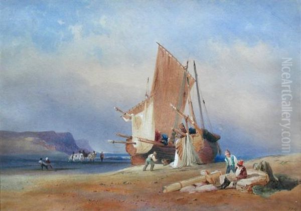 Fishermen Mending Nets Oil Painting by Thomas Jones Barker