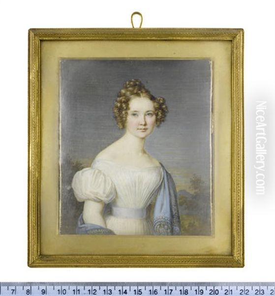 A Lady, Wearing White Dress With Short Bouffant Sleeves, Pale Blue Sash, Cerulean Blue Stole Embroidered With Paisley Designs And Draped Over Her Left... by Johann Michael Holder