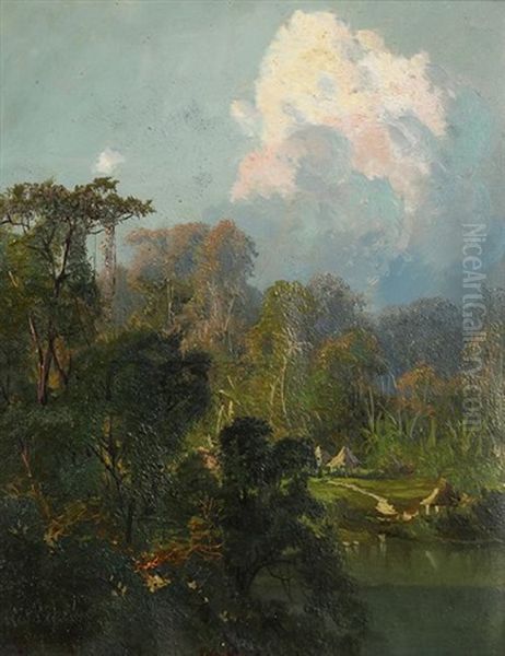 Tropical Panama Landscape With Native Huts Oil Painting by Ransom Gillet Holdredge