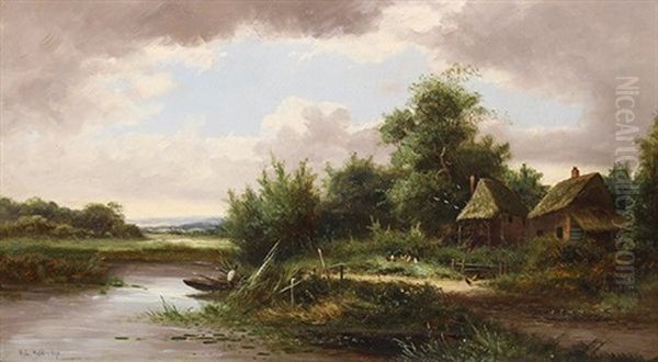 House By A Pond With Figure In A Boat Oil Painting by Ransom Gillet Holdredge