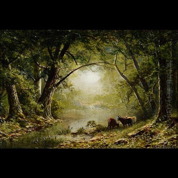 Cows At The Rivers Edge Oil Painting by Ransom Gillet Holdredge