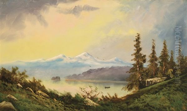 Landscape Depicting The Puget Sound With Indians In A Canoe And Mountains In The Background Oil Painting by Ransom Gillet Holdredge