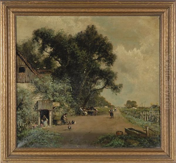 A French Vineyard Landscape With Figures At Table Under Shade Tree, Roadside Wine Stop Oil Painting by Ransom Gillet Holdredge