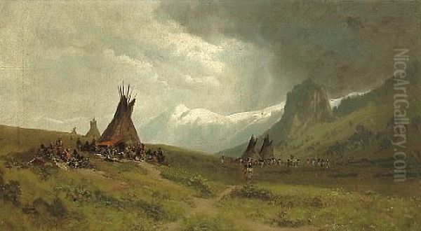 Indian Camp With Mountains In The Distance Oil Painting by Ransom Gillet Holdredge