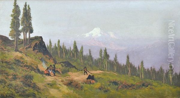 Mountain Scene With Figures Around A Campfire Oil Painting by Ransom Gillet Holdredge