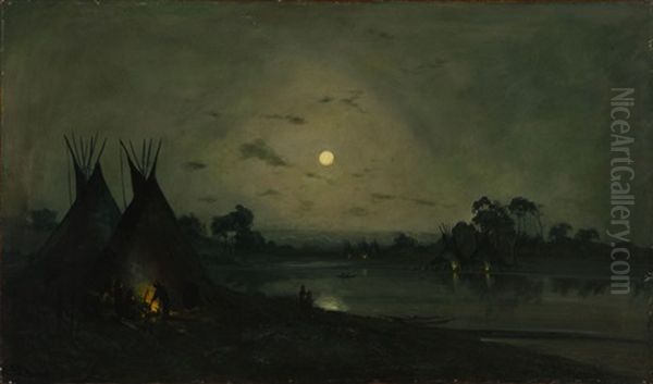 Indian Encampment In The Moonlight Oil Painting by Ransom Gillet Holdredge