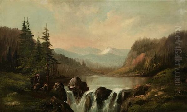 On River (russian River?), California River Landscape With Mountains In The Distance Oil Painting by Ransom Gillet Holdredge