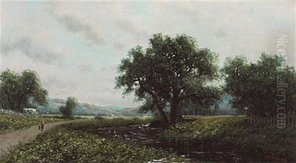 Summer Stream With Figures Walking Nearby, Thought To Be Sacramento Valley Oil Painting by Ransom Gillet Holdredge