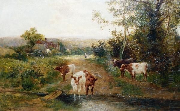 Cattle Watering At A Country Stream Oil Painting by William Dean Barker