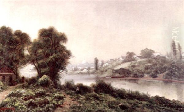 Village On The River Seine Oil Painting by Ransom Gillet Holdredge