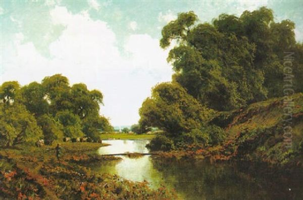 Cattle Herd By A Valley Stream Oil Painting by Ransom Gillet Holdredge