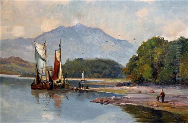 River Scene With Sailing Barges Oil Painting by Wright Barker