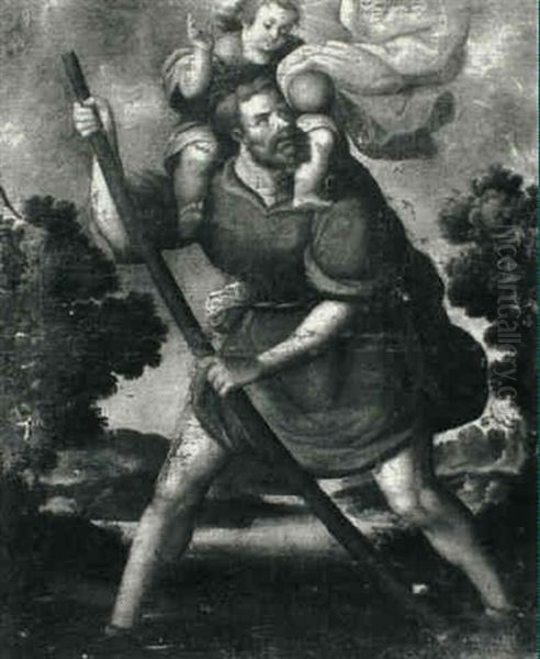 St. Christopher And The Christ Child Oil Painting by Melchor Perez de Holguin