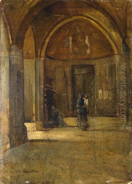 Interno Di Chiesa Con Madre E Figlio Oil Painting by Alphons Hollaender