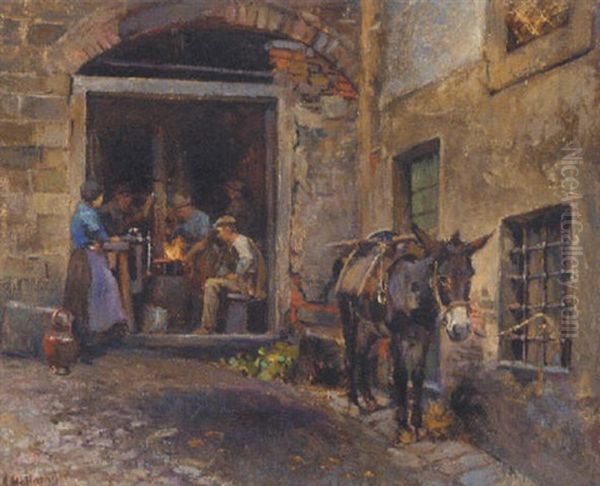 A Donkey Outside A Forge Oil Painting by Alphons Hollaender