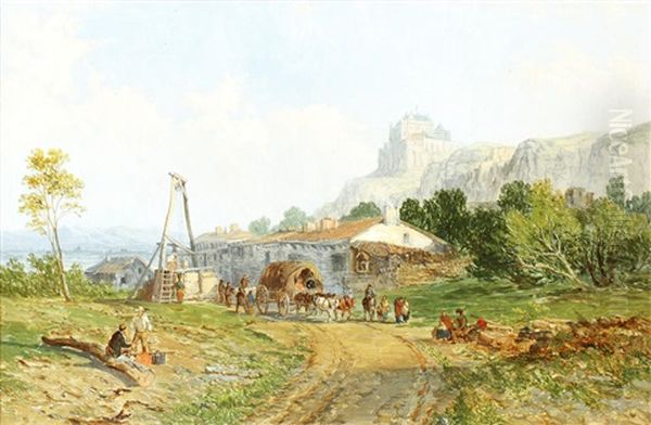 Horse Drawn Cart In A Landscape Oil Painting by John Holland Jr.