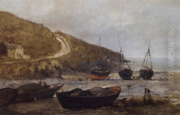 Ships On The Shore At Low Tide, Sark Oil Painting by John Holland Jr.