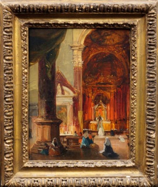 Woman Praying In A Church Interior Oil Painting by James Holland