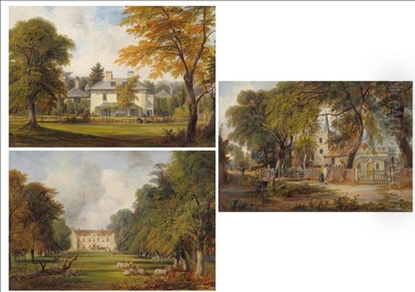 Horse And Carriage With Figures Outside A Country House; Country House With A Figure On Horseback; Country Church With Figures, A Pond...(3 Works) Oil Painting by James Holland