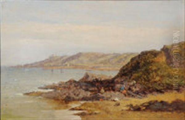 Coastal Scene With Wreckers, Shipping And Headland Buildings Oil Painting by James Holland